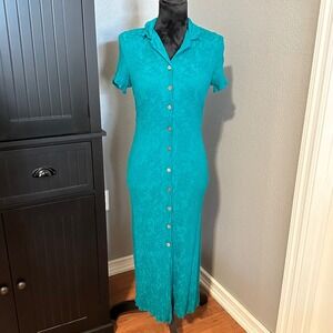 Teal Button Front Midi Dress Short Sleeve Stretch Waist Vintage Y2K Cottagecore